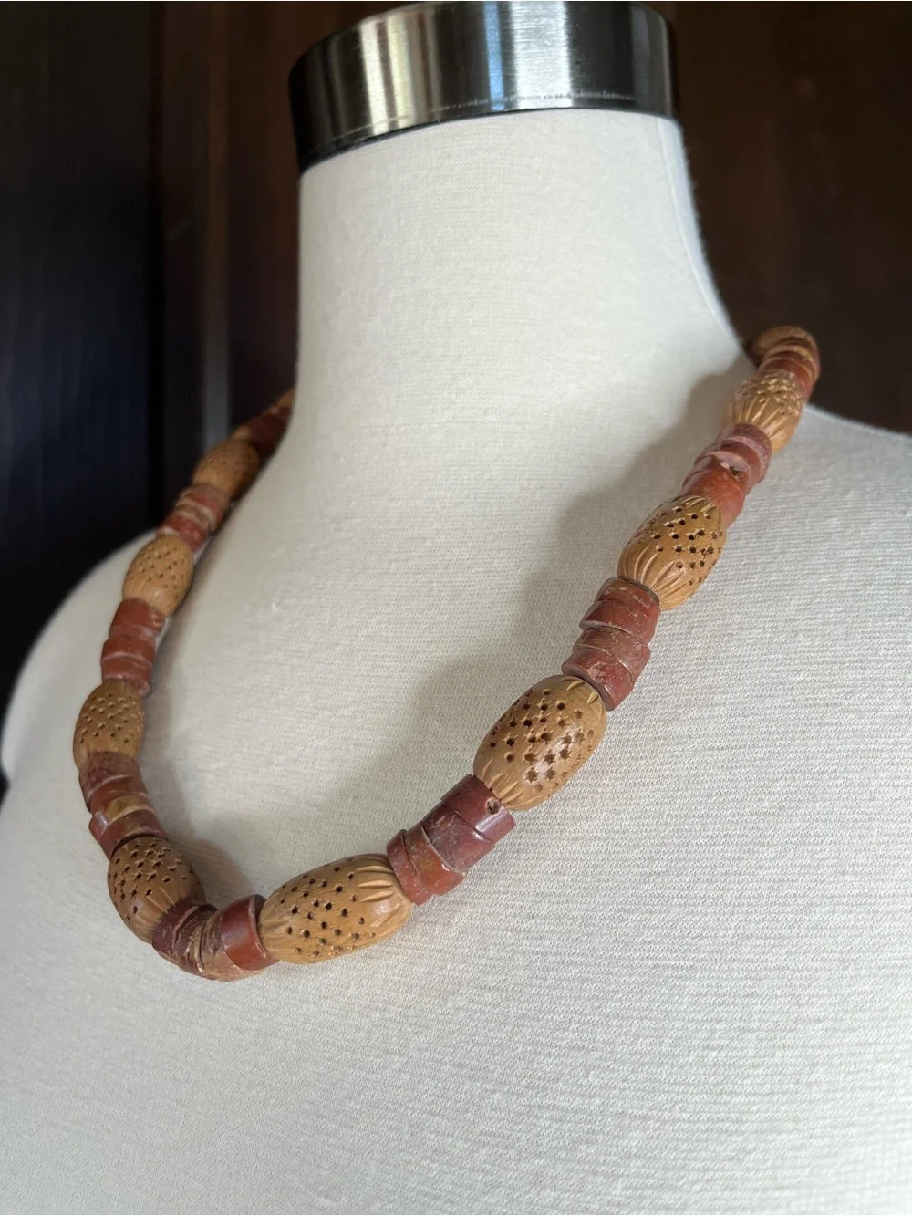 Vintage Clay Bead Statement Necklace Chunky Unique Jewelry Tribal Earthy Boho